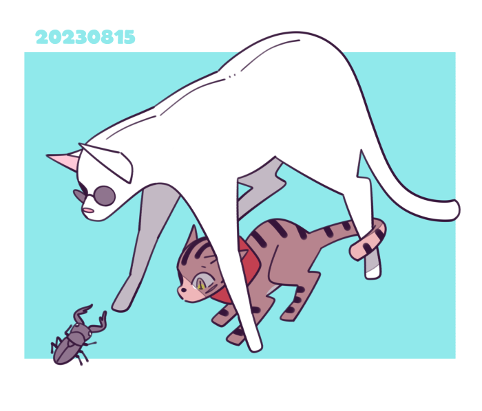 「猫五悠猫とクワガタ 」|ニボシのイラスト
