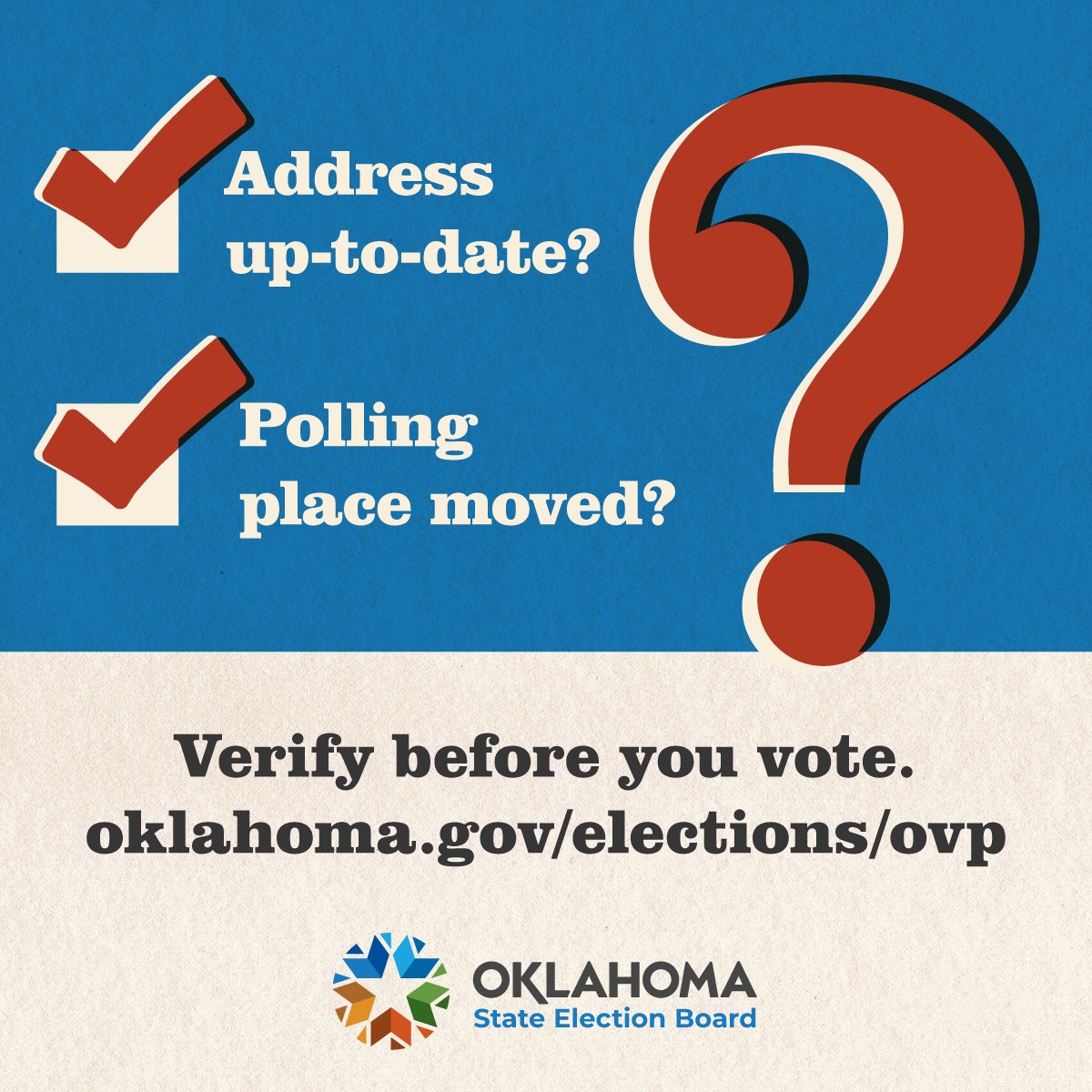 Today is the deadline to register to vote and/or update your registration for the September elections. 

It takes just minutes to verify your info and make changes using the OK Voter Portal: oklahoma.gov/elections/ovp.…

Don't wait! Verify before you vote!