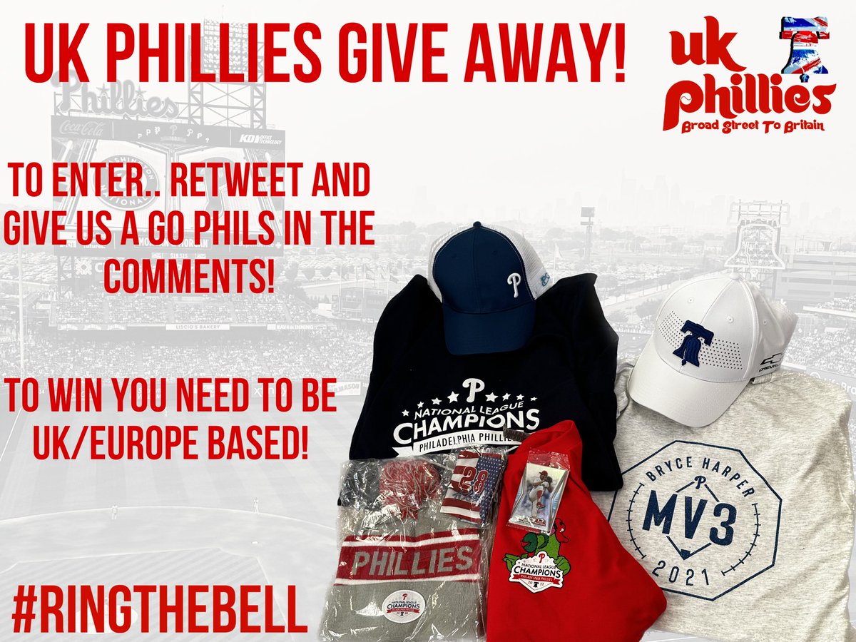 UK PHILLIES GIVE AWAY!!

For your chance to win..

2x Phillies caps
2022 &amp; 23 Opening night T-shirts
Phanatic National League Champions T-Shirt
Alec Bohm headband
Phillies topps playing cards
Bobble hat

RT and give us a go Phils in the comments!

Gotta be UK/Europe based to win!