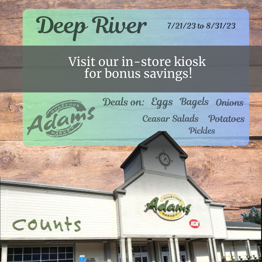 AdamsMarkets's tweet photo. Hey #DeepRiverCT! 🤑 
Don't forget to take advantage of our bonus coupons, located at our coupon kiosk in Produce! Select your deals, print and present at check-out for extra savings!
Nab sweet deals on items now until the 31st!
#BonusSavings #DealsDealsDeals #VisitOurKiosk https://t.co/t4KqdpkPfm