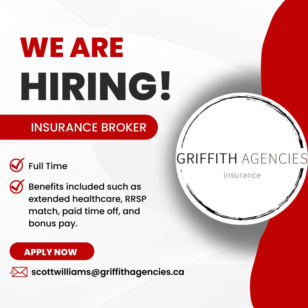 Griffith Agencies is seeking an insurance broker to join our incredible team. 💼
QUALIFICATIONS:
- Level 1 insurance License or is willing to obtain a Level 1 License and Autopac Training.

APPLY:
✉️ scottwilliams@griffithagencies.ca
🧍 39 Railway Avenue, Waskada
#hiring #jobsmb