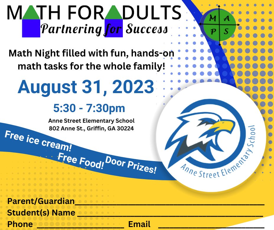 AnneStreetES's tweet photo. Come to a Math Night at ASE for fun math activities on August 31st from 5:30-7:30 p.m. in the cafeteria. Learn to help your child with math! Free food and door prizes! To register you may call (309)287-2373, or sign up by clicking the link: https://t.co/D40lld06D1 https://t.co/c4b8HvG2ry