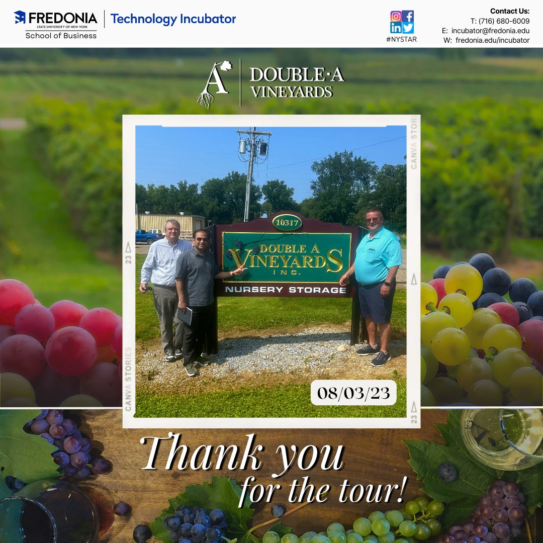Fredonia_CIED's tweet photo. We would like to extend our sincerest thanks to Dennis Rak, owner of @DoubleAVineyard , for taking time to visit with the SUNY Fredonia School of Business Dean Kaustav Misra and Fredonia Technology Incubator Director Chuck Cornell, and for giving us a tour of his farm. 🍇 https://t.co/NztPtCw4eX