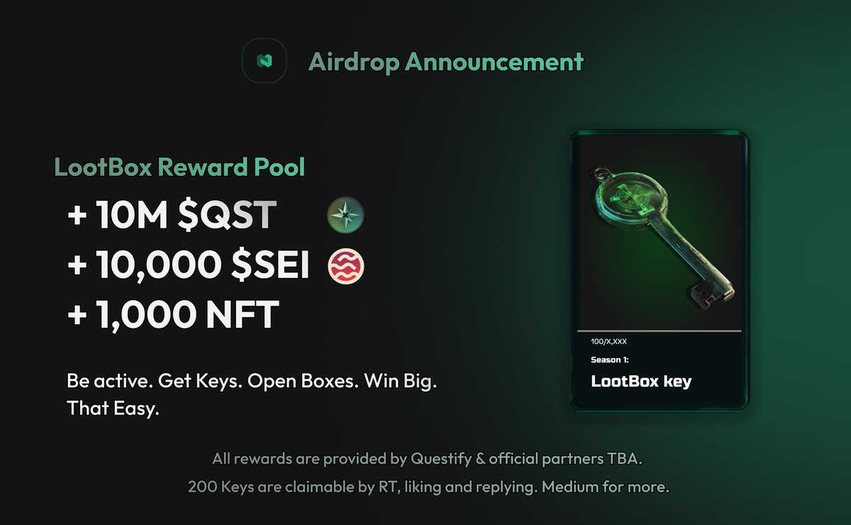 🔑 MAINNET IS KEY 🔑

Questify Airdrop Campaign starts now 🥳  
The first LootBox Pool contains:

- 10M $QST 🧭
- 10,000 $SEI 🚢
and more 🫡

All rewards will be claimable as soon as Questify goes live (EOW)👀
Join our Discord to learn more 🤝

Like, RT and drop Sei wallet 🔑👇