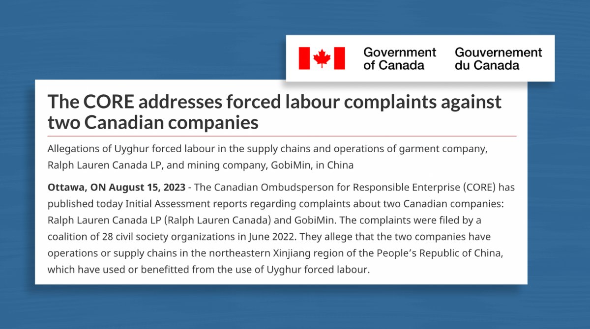 Breaking 🚨🚨🚨

<a href="/CORE_Ombuds/">Canadian Ombudsperson (CORE)</a> 🇨🇦 releases Initial Assessment reports for two more companies over forced labor allegations:

➡️ <a href="/RalphLauren/">Ralph Lauren</a> Canada
➡️ GobiMin (🇨🇦 mining company)

CORE = Canadian Ombudsperson for Responsible Enterprise.

Read: tinyurl.com/4ccukk6b