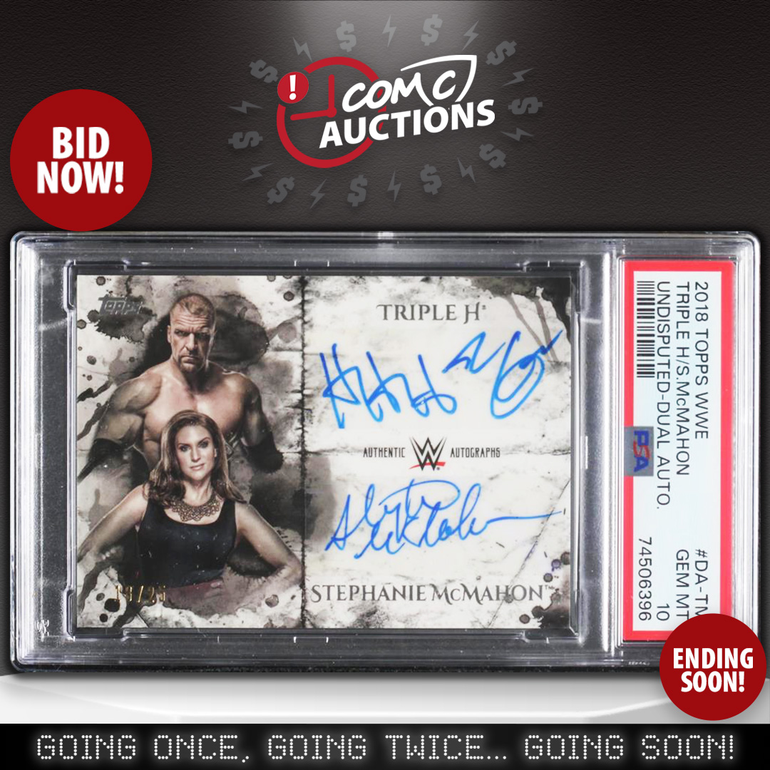 CheckOutMyCards's tweet photo. 🚨 Calling all @WWE collectors! 🤼 You don't want to miss out on this 2018 Topps WWE Undisputed Dual Autographs of Triple H/Stephanie McMahon, numbered 18/25 &amp; graded PSA 10! 😍

Bid now, this card ends on Thursday! https://t.co/I7vx75ZZUJ

#COMCAuctions #TripleH #WWE https://t.co/amGyc6D96O
