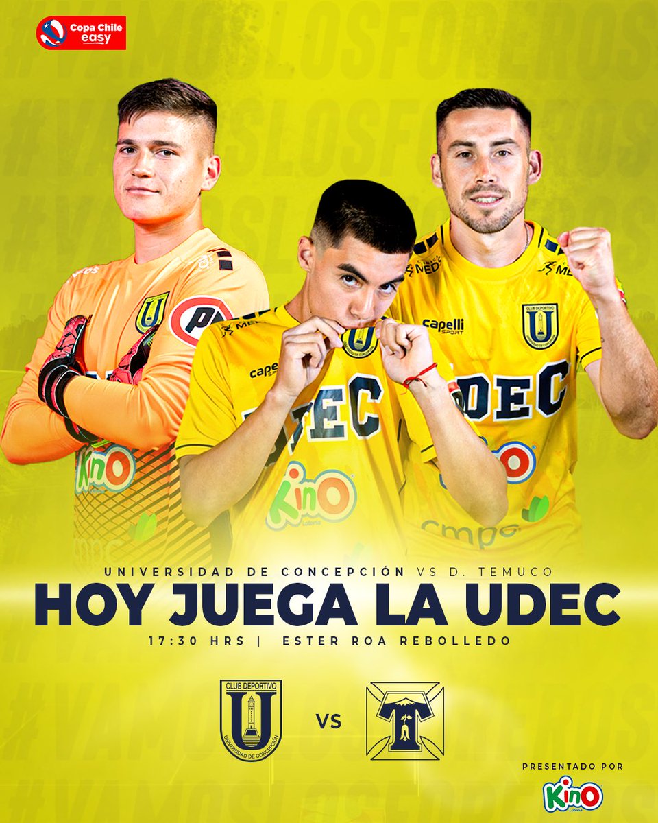 FutbolUdeC's tweet photo. ¡𝗛𝗢𝗬 𝗝𝗨𝗘𝗚𝗔 𝗟𝗔 𝗨𝗗𝗘𝗖! 🟡🔵

🏆 Final Vuelta - Zona Sur #CopaChileEasy 
🎟️ @PassLineChile 

📲 Presentado por Kino, muchas más opciones de ganar. 

#VamosLosForeros https://t.co/yF7dkhYjvQ