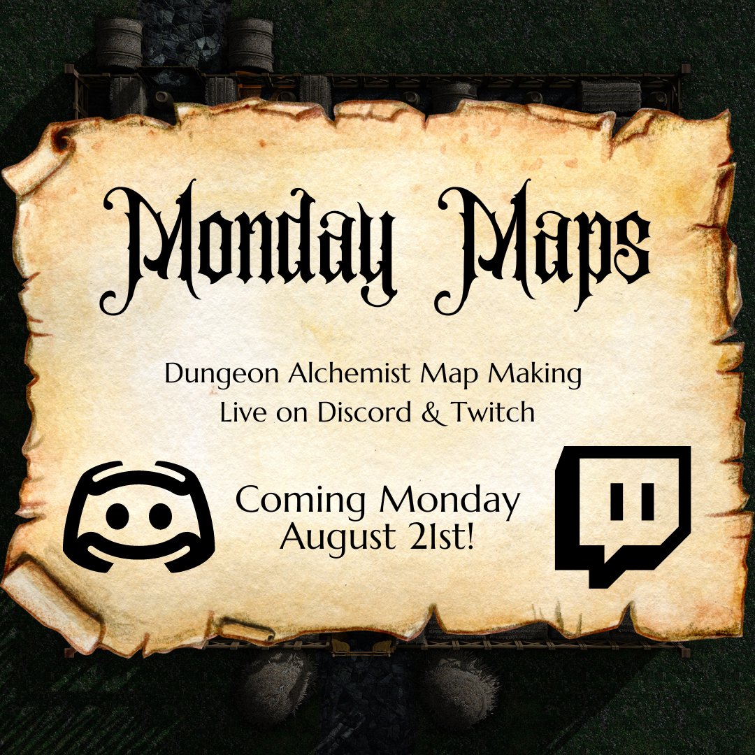 GoldMtnGames's tweet photo. Coming Mon, Aug 21st: #MondayMaps! A live stream from our #Discord where you can decide what #battlemap is being created & then watch the process unfold! Those in the server will receive the final result at the end of the #stream.
Server Invite: https://t.co/62QBVIprnB
#ttrpg https://t.co/KYaEdcNy58
