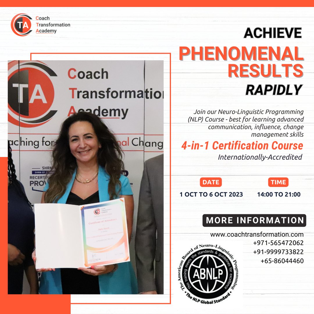 CTA_Coaching's tweet image. Get started with your journey to #transformation with #neurolinguisticprogramming.
✅ Accredited by American Board of Hypnotherapy & NLP (ABNLP)
✅ Online, live classes
✅ Become a Certified NLP Practitioner & Coach
Enroll now: zurl.co/uWF4
#coachtransformation