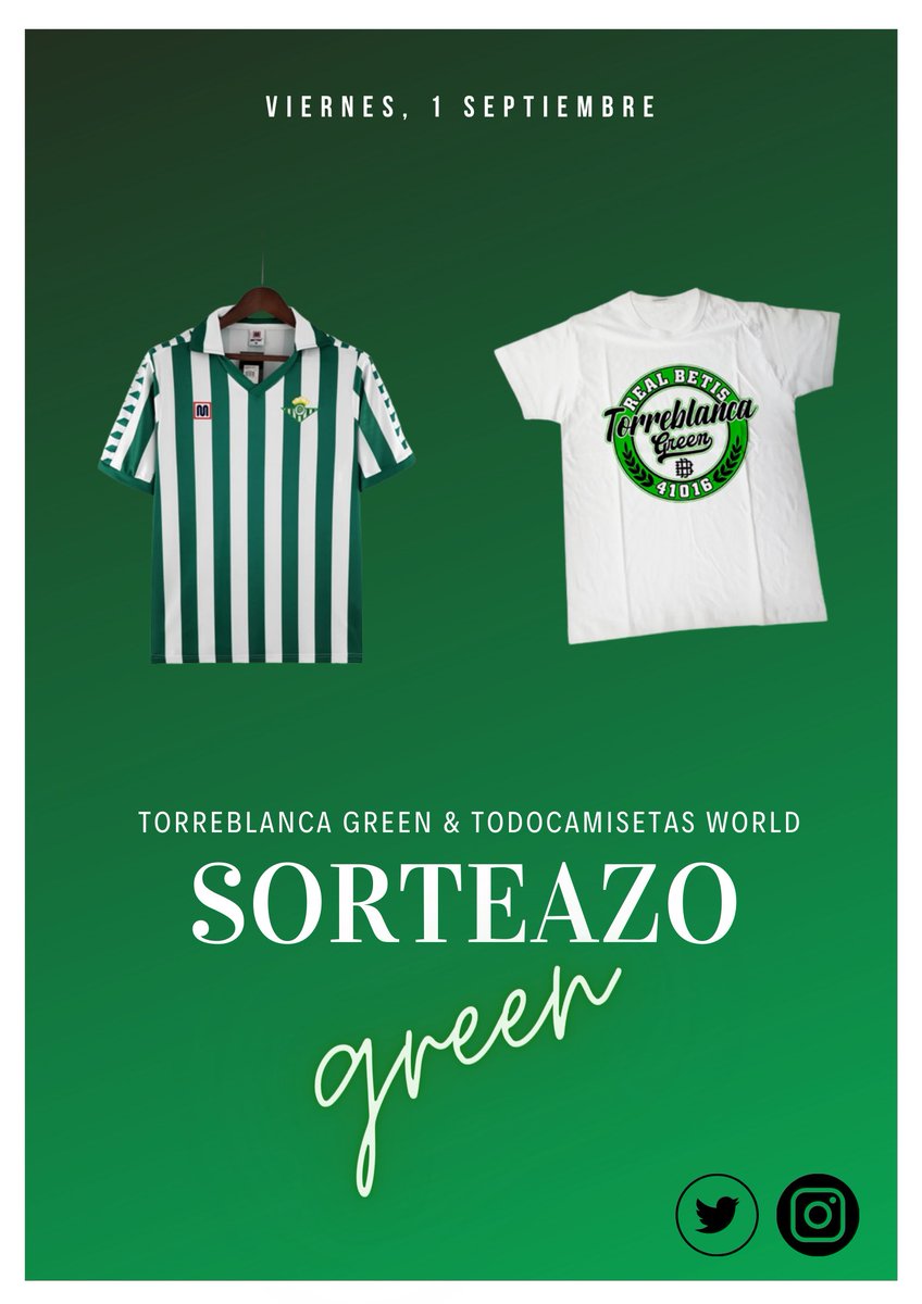 💥𝐒𝐎𝐑𝐓𝐄𝐀𝐙𝐎💥

⚠️ Requisitos para participar:

1. 🔄 RT a este tweet.
2. ✅️ Seguirnos en 𝘁𝘄𝗶𝘁𝘁𝗲𝗿 e 𝗶𝗻𝘀𝘁𝗮𝗴𝗿𝗮𝗺 . 
3. ✅️ Seguir en 𝗶𝗻𝘀𝘁𝗮𝗴𝗿𝗮𝗺 a @todocamisetasworld.

📆 Sorteo el viernes 1 de septiembre.

¡Mucha suerte a todos! 🤞🏼💚