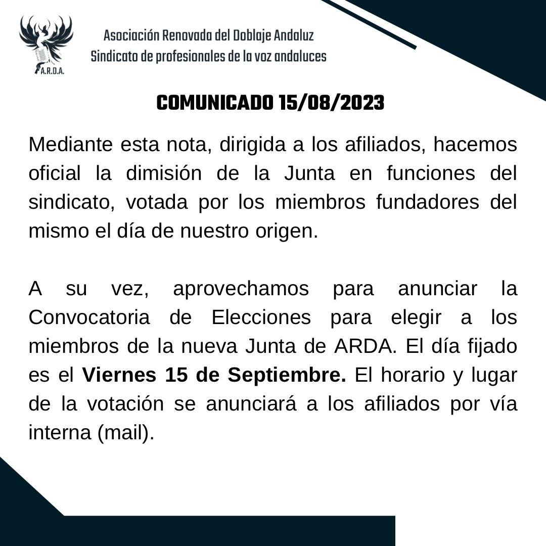 ardadoblaje's tweet image. COMUNICADO OFICIAL DEL SINDICATO A.R.D.A. - 15/08/2023