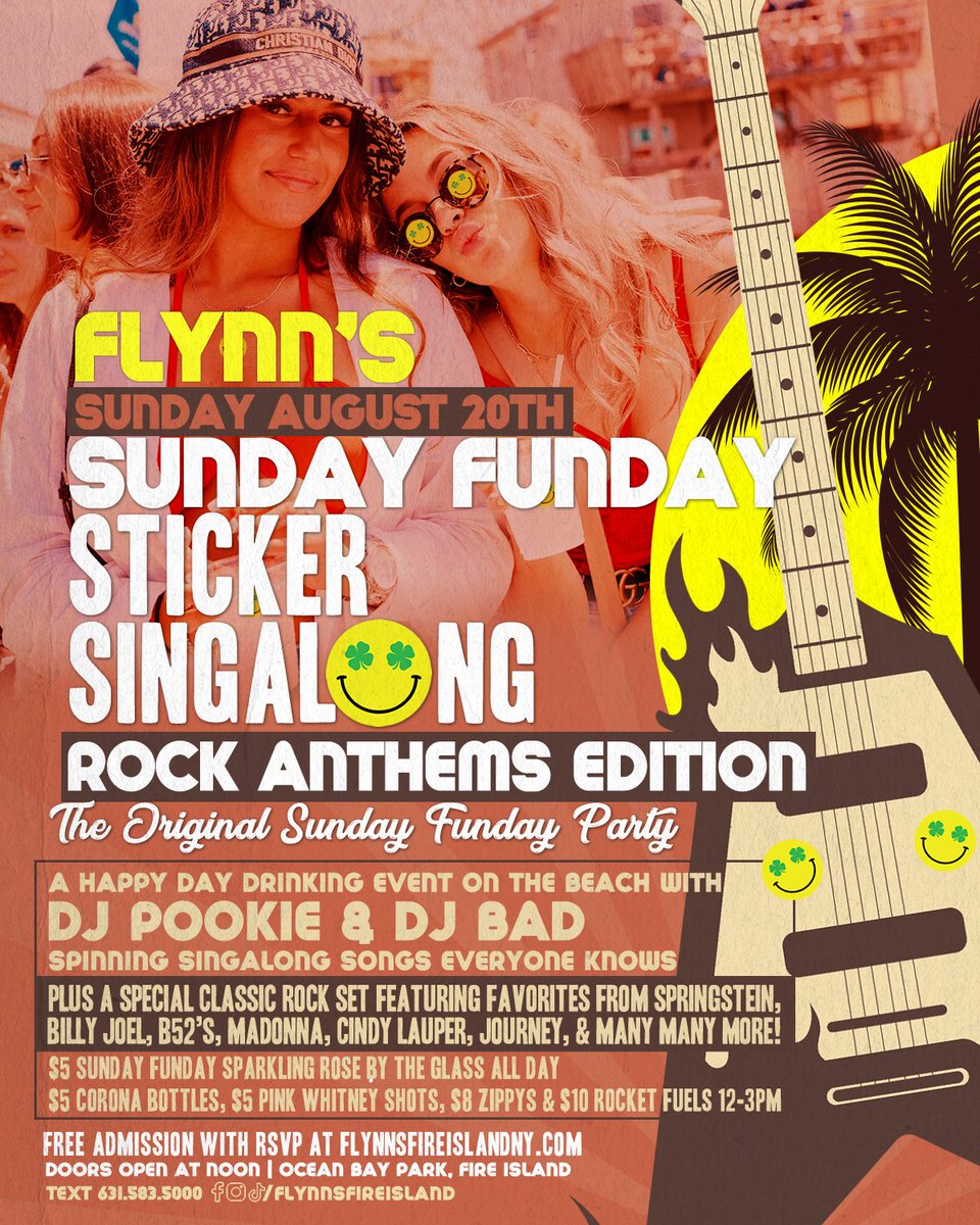 <a href="/deejaypookie/">Deejay Pookie</a> and <a href="/badisgood/">DJ BAD</a> are rockin’ the deck this Sunday for a ROCK ANTHEMS edition Sunday Funday Sticker Singalong Party 🔥🎸 RSVP today for FREE admission!