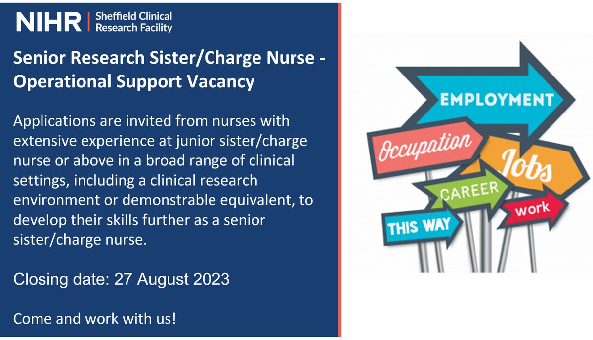 📢Exciting opportunity to join the NIHR Sheffield CRF 
as a Senior Research Sister/Charge Nurse-Operational Support

Could this be the next step you're looking for in your research career?  Learn more and apply here: 
jobs.nhs.uk/candidate/joba…
#BePartofResearch #YourPathinResearch