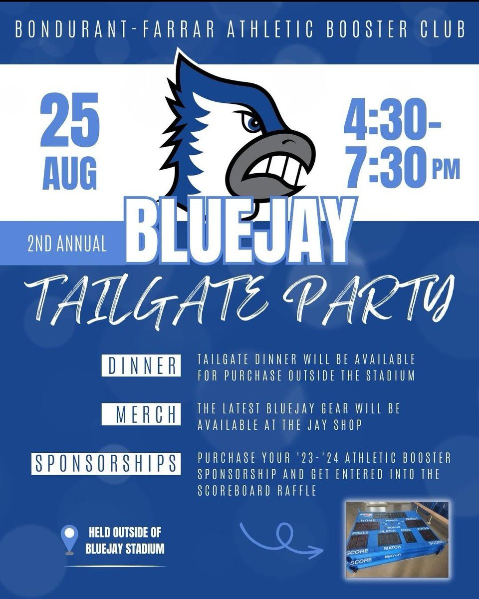 BF_Boosters's tweet photo. Join us on August 25th for a great kickoff to the new year.  Get your sponsorship purchased before 7 PM on the 25th and be entered in to the raffle for an Historic Bluejay scoreboard. https://t.co/n4Mv0wBiPq
