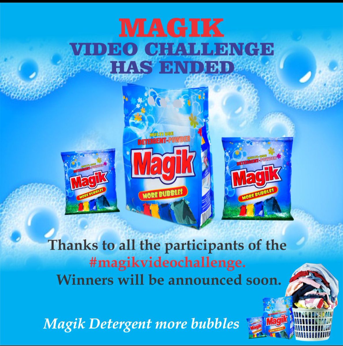 magikdetergent's tweet photo. The #magikvideochallenge has officially come to an end. A big thank you to all those who participated in the just concluded challenge, we will no longer be accepting entries.

Winners will be announced soon, 

#magikdetergent
#magikvideochallenge
#morebubbles https://t.co/wt0PmgxOqG