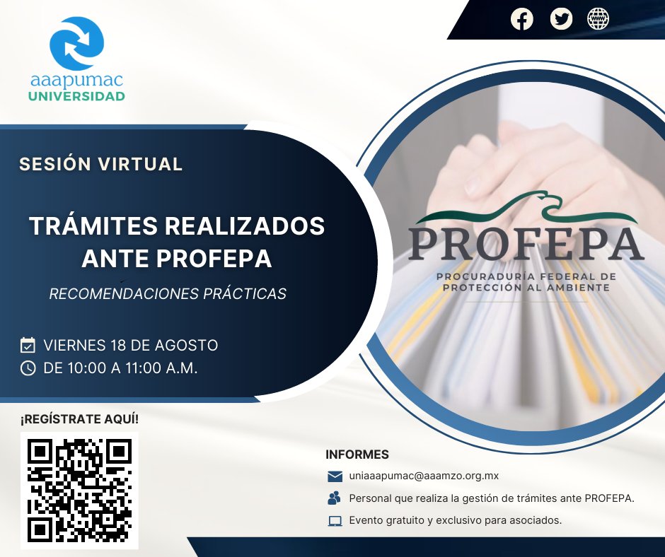 AAAPUMAC's tweet photo. AAAPUMAC te invita a participar en la sesión virtual “TRÁMITES REALIZADOS ANTE PROFEPA RECOMENDACIONES PRÁCTICAS” 
Fecha: 18/09/2023 10:00 hr a través de Microsoft Teams. 
Evento gratuito y exclusivo para Asociados AAAPUMAC®. ¡Inscríbete aquí! https://t.co/KOjOcBaKqZ https://t.co/2734KC0d5m