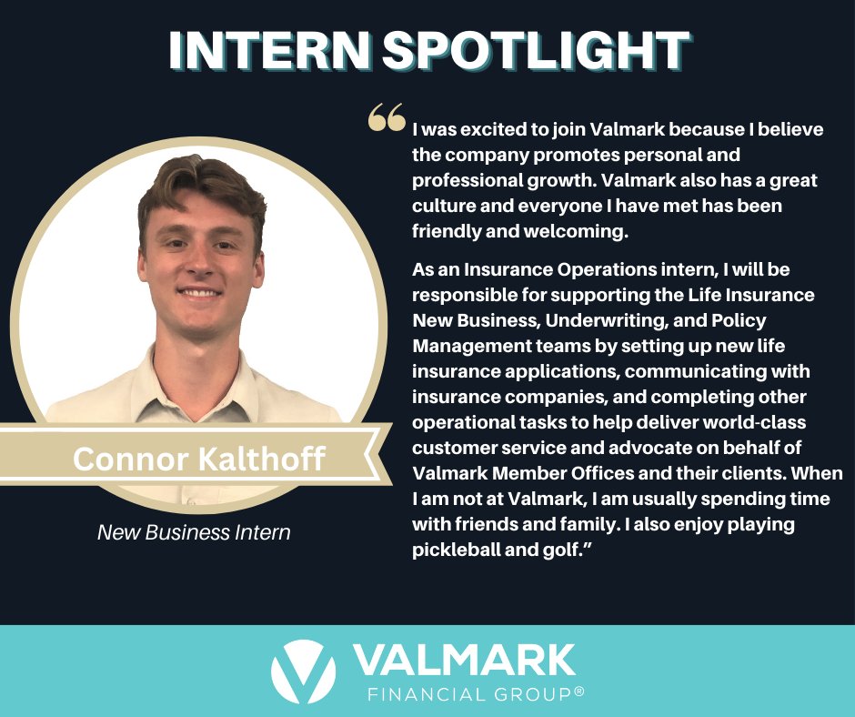ValmarkFG's tweet photo. Valmark welcomes Connor Kalthoff to our internship program! Connor will be working with our New Business department on a variety of projects. He is currently pursuing a major in Economics from St. Olaf College. Welcome, Connor! https://t.co/WZxs7THiHi