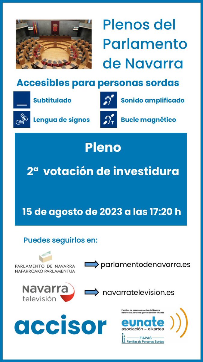EUNATE_ASOC's tweet photo. Hoy es la 2 votación para la investidura de la Presidenta de Na en @parlamentoNA accesible para personas sordas. A partir de las 17:20 h puedes seguirlo en la web del Parlamento https://t.co/Pgy1w7fNx3 o en @NavarraTV
#accesibilidad
#subtitulado
#interpretesls
#buclemagnetico https://t.co/zyV0u3nKwY