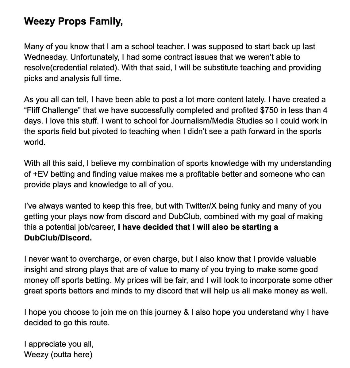 WeezyProps's tweet photo. 📢 ANNOUNCEMENT 📢
Please read!
Link to join is in my Twitter Profile - if you have any questions or concerns DM me or comment below.
Much love and can't wait to start the journey! 🍀
#GamblingTwitter #DFS #PlayerProps #PrizePicks #Discord #DubClub #WeezyProps https://t.co/ELulh4hXFh