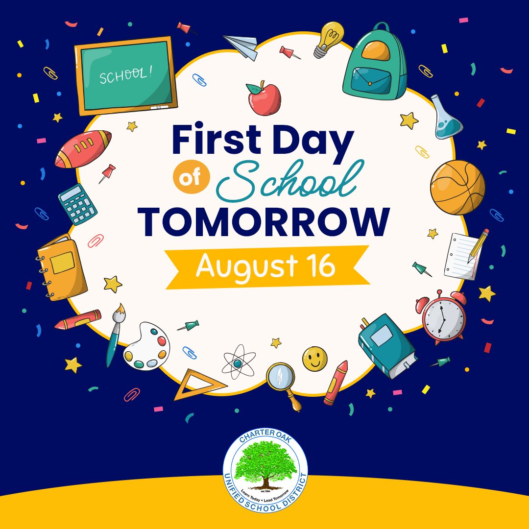 🗓️The first day of school at Charter Oak USD is tomorrow! 🚌 Get ready for an amazing year ahead! 🌟 

#CharterOakUSD #BackToSchool #FirstDayCountdown
