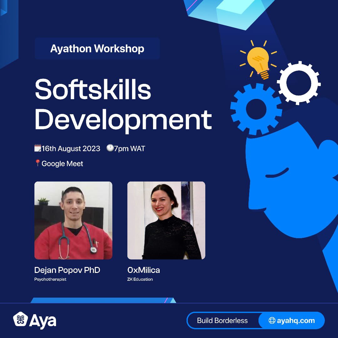 ayahq_'s tweet photo. Come to our first Ayathon workshop with the builders, where we'll talk about improving soft skills.
We'll cover stress management, good communication, and more.
π: 7 pm WAT
ποΈ: August 16th, 2023
π: https://t.co/GYMiCZn1yB
See you there
#ayathon #web3 #blockchain https://t.co/w6xdco9gMe