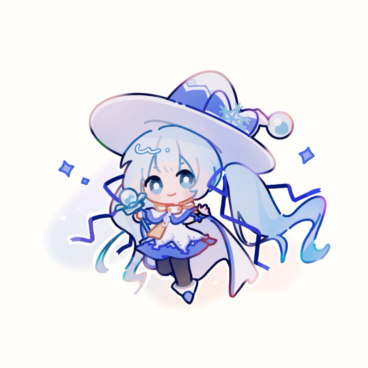 hatsune miku ,yuki miku 1girl hat witch hat twintails long hair smile chibi  illustration images