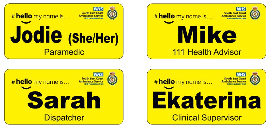 SECAmbulance's tweet photo. We're currently trialling the use of new 'Hello my name is' badges. They are the same as those used by most of the NHS &amp; more accessible for those with dementia &amp; dyslexia.

https://t.co/z4G8qTidjX

We'd love to hear what you think 👇

https://t.co/hbuXOPTVwo

Thank you! https://t.co/Z1xarGKvP5