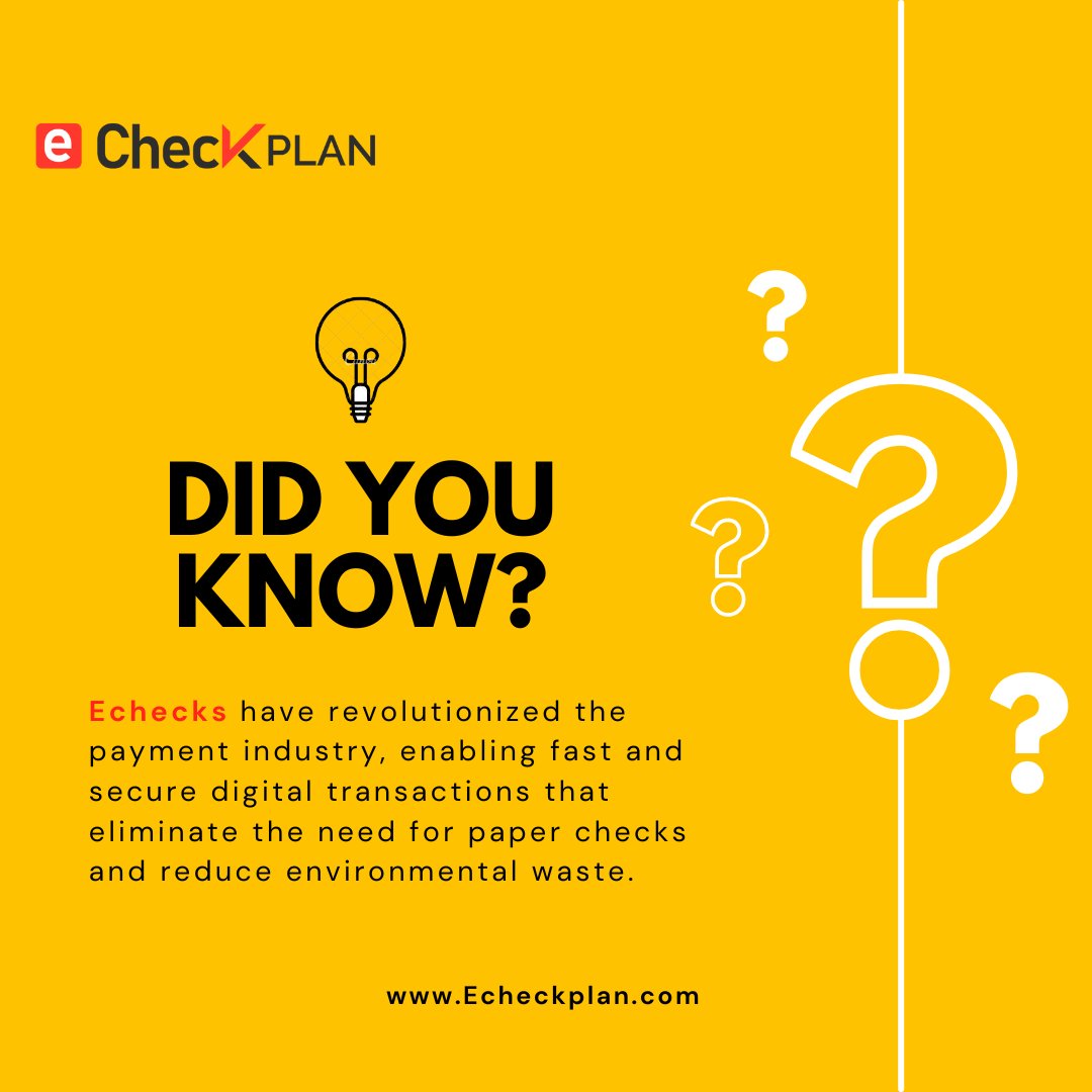 eCheckPlan's tweet photo. Did You Know?
Echecks have transformed the payment industry by introducing  secure digital transactions, eradicating the reliance on traditional paper checks and contributing to the reduction of environmental waste.
Read More At: https://t.co/W0Qc08S53P
#financialservices #echeck https://t.co/UjajOUmDXF