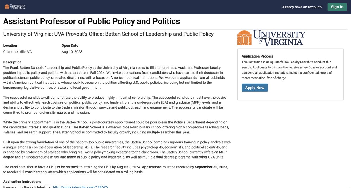 Political scientists: we're hiring <a href="/UVABatten/">UVA Batten School</a>!

Call is for tenure-track asst. professor in American Politics who studies institutions

Committee members include <a href="/craigvolden/">Craig Volden</a>, <a href="/AshleyJardina/">Ashley Jardina</a>, &amp; Justin Kirkland

All are happy to answer Qs

Spread the word!

apply.interfolio.com/128626