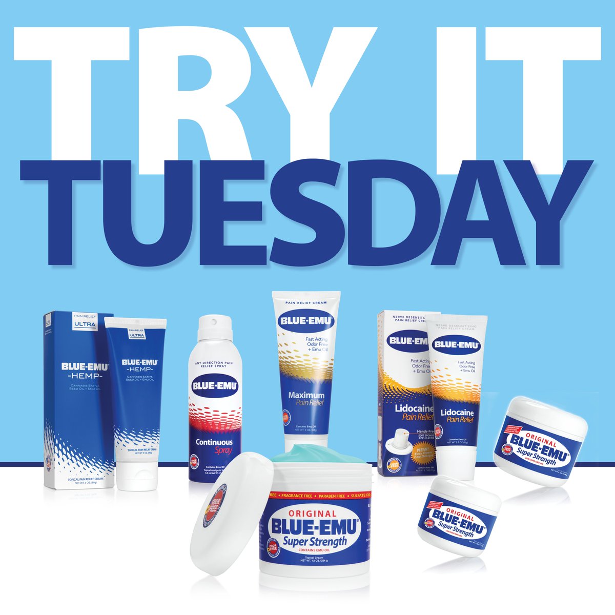 Win it. Try it. Love it. #TryItTuesday 

@ someone who would love to try us. If they💬with which Blue-Emu they would like to try, you both have a chance to win it.

Must be following us to win!

❤+💬+🔂= entry to win | 🇺🇸only

Proudly 🇺🇸 Made. | #SpreadRelief Today!