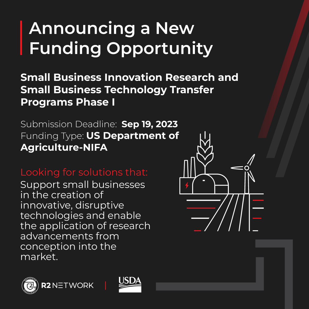 Over 2000 projects have been awarded through the <a href="/USDA/">Dept. of Agriculture</a> SBIR/STTR program. Focused on innovative projects consistent with USDA’s vision of a healthy nation in harmony with the land, air, and water.

Learn More: portal.r2network.com/program/small-…