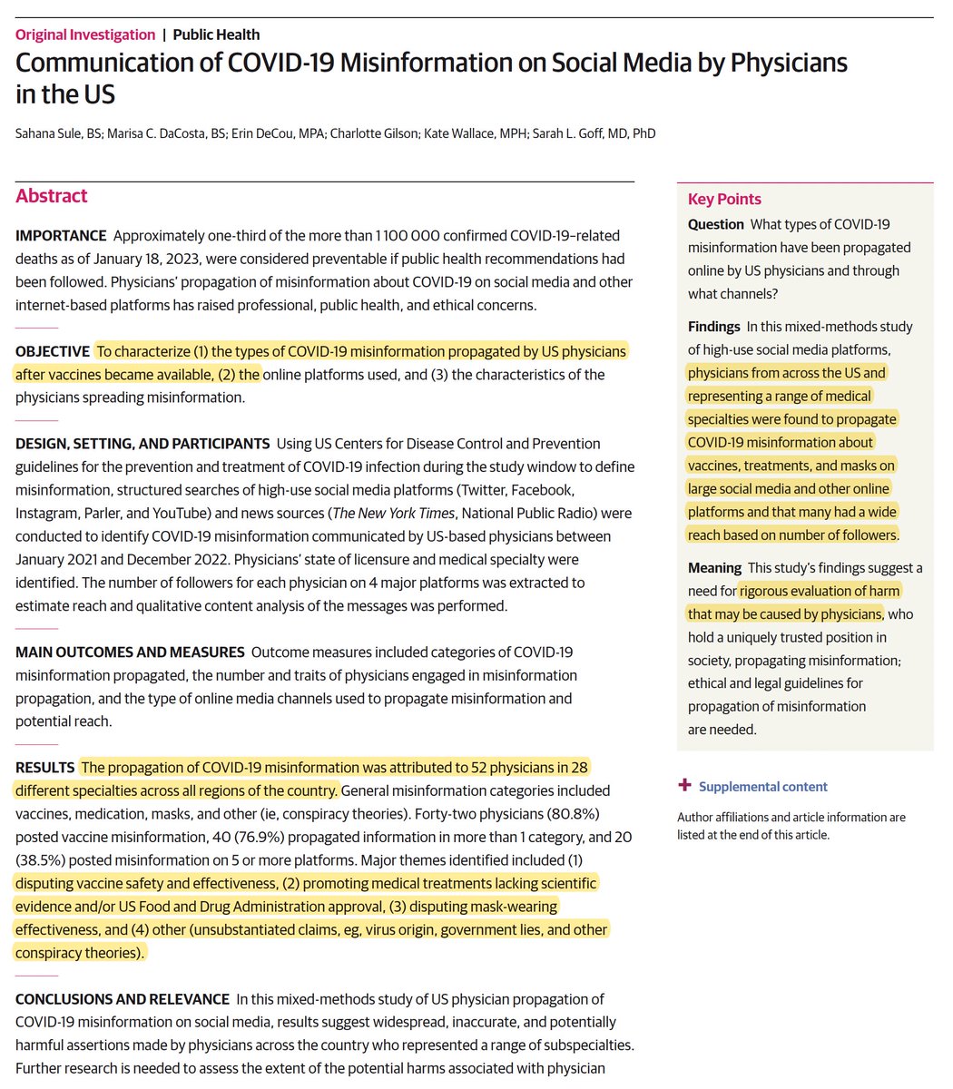 EricTopol's tweet image. On the 52 American doctors who propagated Covid misinformation throughout the pandemic regarding vaccines, masks, promoting treatments without evidence, and conspiracy theories
jamanetwork.com/journals/jaman… @JAMANetworkOpen by @Sahanasule and colleagues
