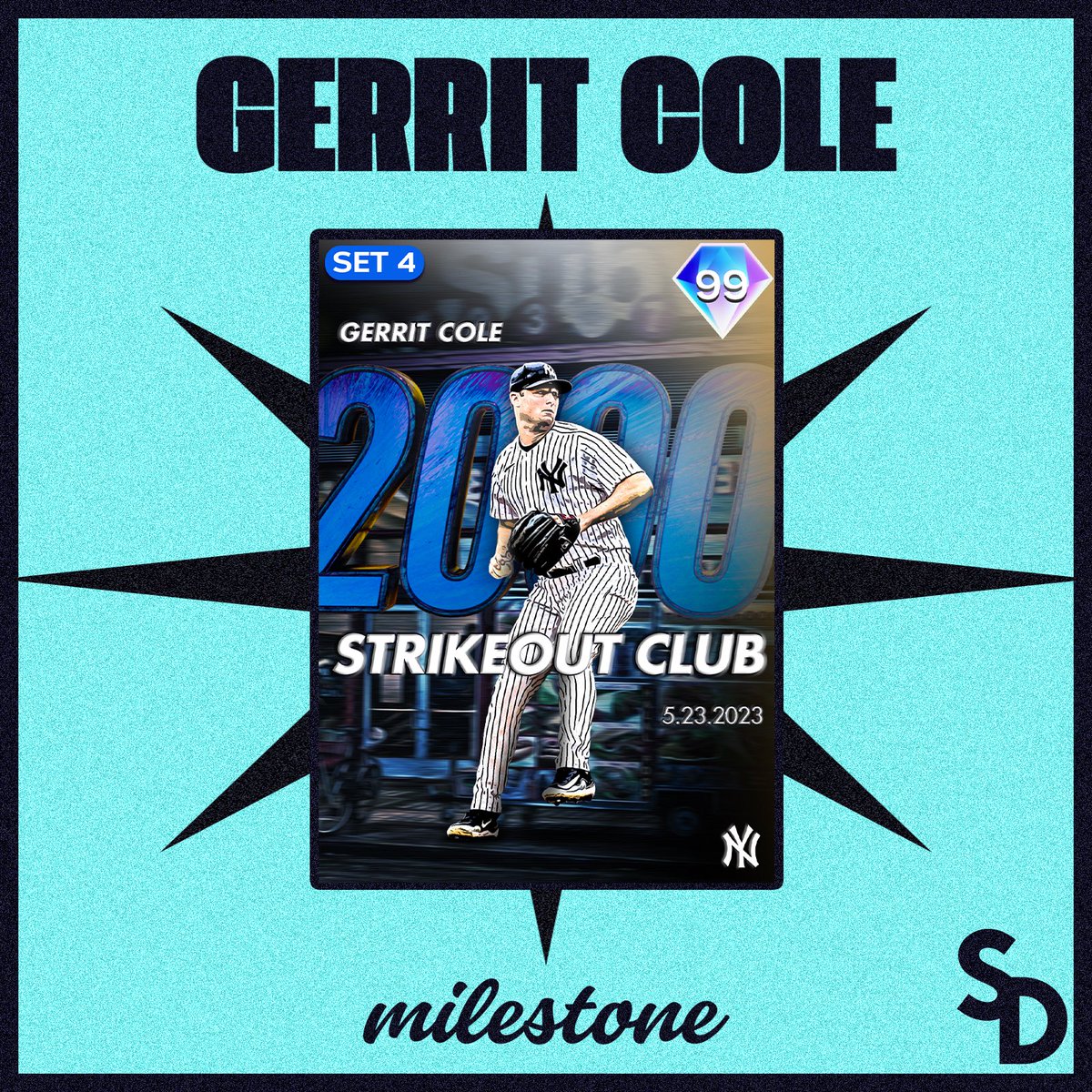 Spongey_Designs's tweet photo. Earlier this season, Gerrit Cole recorded his 2000th career strikeout in fewer innings pitched than all but two players. 

Catch his 💎 Milestone card in Diamond Dynasty!

#MLBTheShow https://t.co/OfGNccTFXZ