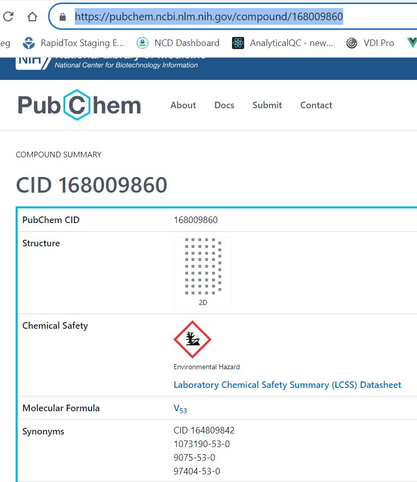 While looking for data on this "aromatic plant used in Japanese and Korean cuisines" en.wikipedia.org/wiki/Zanthoxyl… I found the CASRN on CommonChemistry commonchemistry.cas.org/detail?cas_rn=…  but then found it on PubChem pubchem.ncbi.nlm.nih.gov/compound/16800… as "54 Vanadiums" . How did that happen?