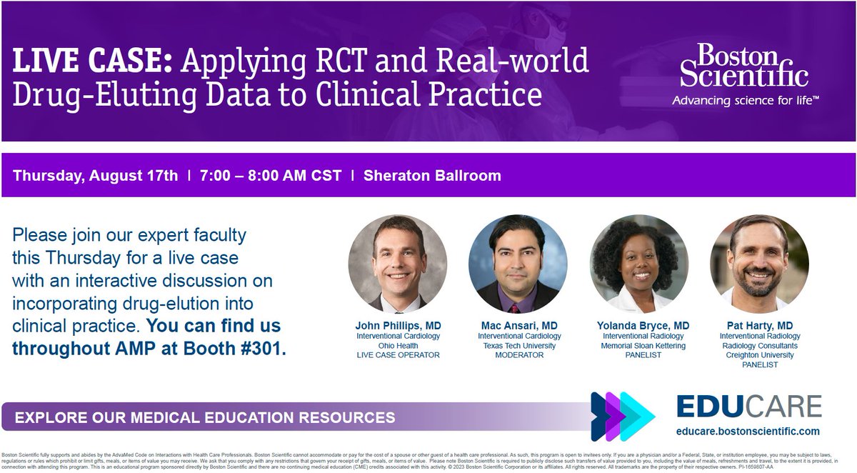 Jeff Mirviss (@bsc_pi) on Twitter photo Join BSC, John Phillips MD, Mac Ansari MD, Yolanda Bryce MD, & Pat Harty MD for a #livecase with an interactive discussion on incorporating #drugelution into clinical practice. #AMP2023 #AMPCLI2023
<a href="/AMPSymposium/">AMP the CLTI Meeting</a> Join BSC, John Phillips MD, Mac Ansari MD, Yolanda Bryce MD, & Pat Harty MD for a #livecase with an interactive discussion on incorporating #drugelution into clinical practice. #AMP2023 #AMPCLI2023
<a href="/AMPSymposium/">AMP the CLTI Meeting</a>
