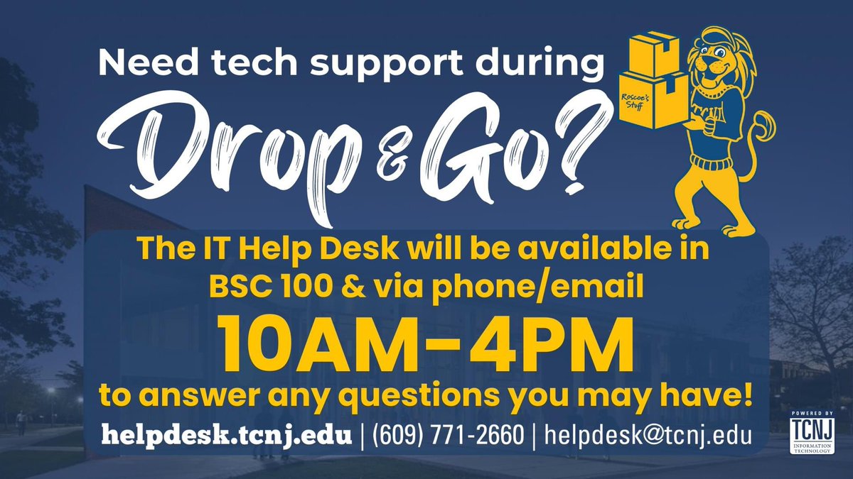 TcnjItconnect's tweet photo. If you need IT Support during the upcoming Drop &amp; Go dates, we have you covered.  TCNJ IT will have a table located in BSC100 along with many of our Residence Life friends to provide in person assistance from August 18 - 23rd.  

Welcome to TCNJ!
#tcnjit #tcnj #tcnjlions https://t.co/UXfSI35UfC