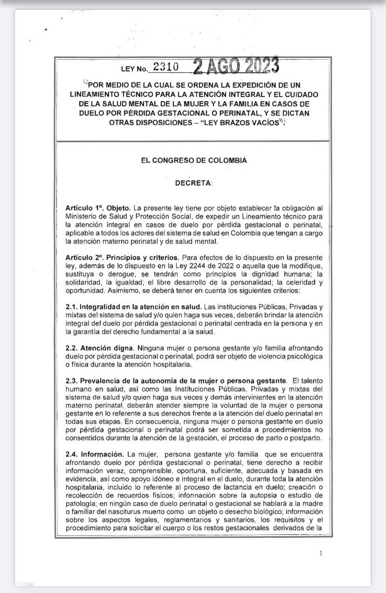 🚨Actualidad Jurídica. 
Congreso de la República.
Ley 2310 de 2023. Establece la obligación de la atención integral en casos de pérdida gestacional.

drive.google.com/file/d/1dw750S…