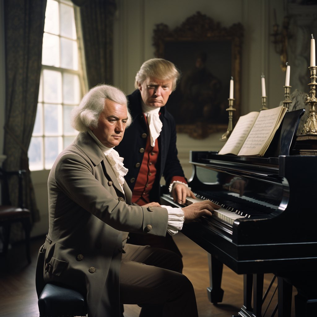 Donald Trump gives a piano lesson to his musical apprentice, Ludwig van Beethoven - 1798, colorized.