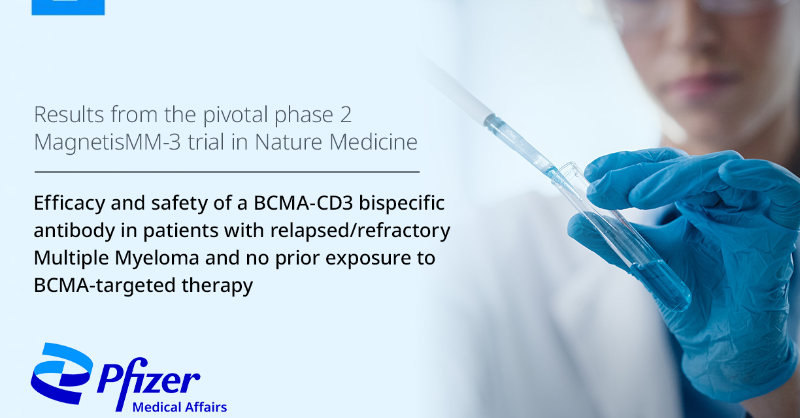 PfizerOncMed's tweet photo. In @NatureMedicine, see results from the phase 2 MagnetisMM-3 trial evaluating the efficacy and safety of a BCMA-CD3 bispecific antibody in patients with relapsed/refractory #MultipleMyeloma
