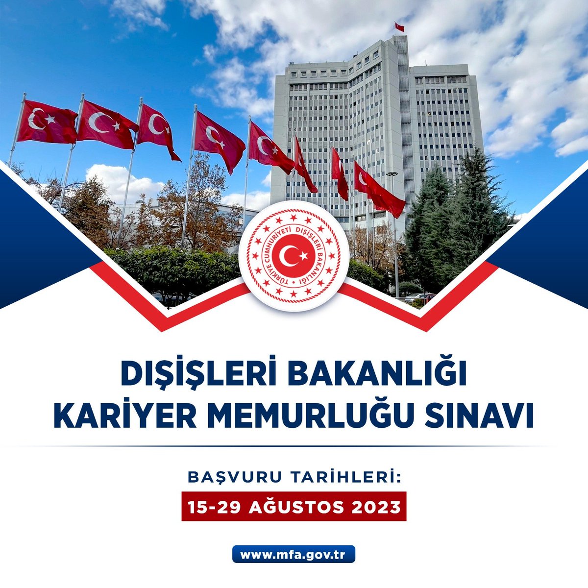 Kariyer memurluğu sınavı başvuruları bugün başladı!

🔗mfa.gov.tr/tc-disisleri-b…