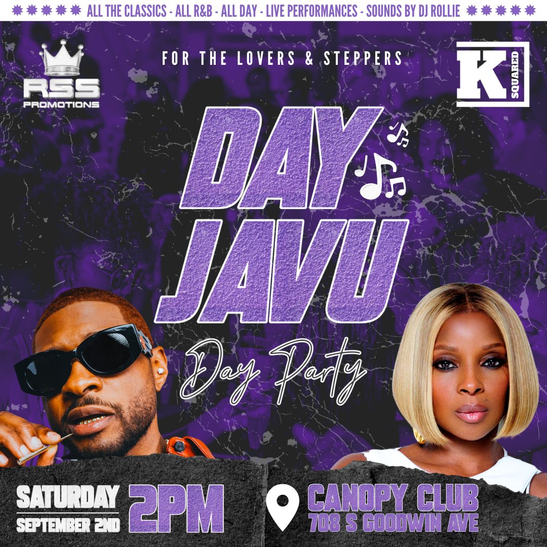 💜 <a href="/RSSPromotions1/">R.S.S.Promotions</a> and <a href="/KSquared2x/">K-Squared</a> combine forces once again to bring the darty to Canopy Club this Labor Day weekend. Join us for an afternoon of R&amp;B vibes featuring DJ and live performances with Day Javu 9/2. We will CU there!!

➡ hive.co/l/cc-dayjavu