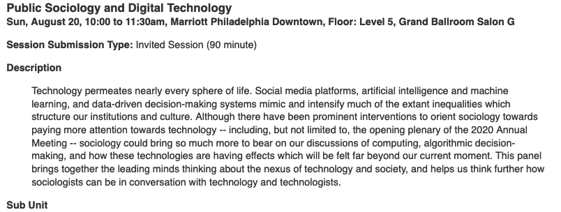 Since it is the #ASA2023 season, don't miss our Thematic Session: Public Sociology and Digital Technology. We have an amazing lineup to talk about the need for sociology to engage in public discussions about technology with @kharijohnson @Nanjala1 @BostonJoan @ftripodi!