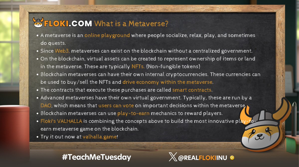 You've probably heard about the 'metaverse' by now, but how does it work and what exactly goes on in there? Let's dive deeper into some #metaverse concepts to understand why #Floki's #Valhalla is the most innovative metaverse game on the blockchain! #TeachMeTuesday