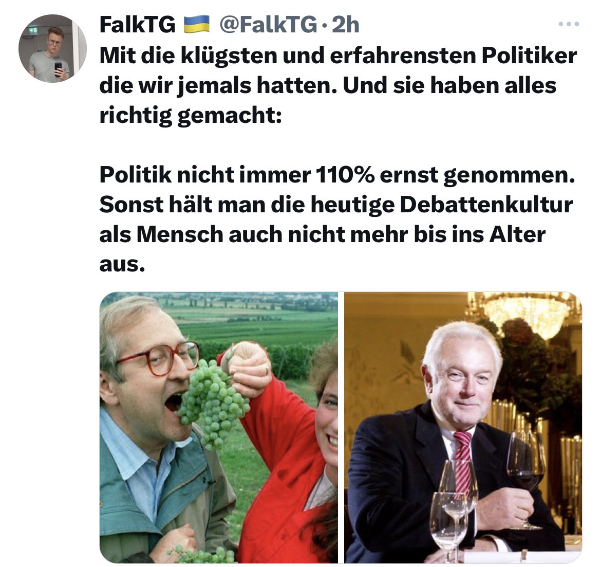 Brüderle did nothing wrong.

Zwar wird man im Land von Hitler niemals sagen können, dass jemand der/die „schlimmste“ Politiker(-in) ist, aber der echte Falk würde sich nie alte weiße Männer mit ungesundem Verhältnis zu Alkohol als Vorbild nehmen