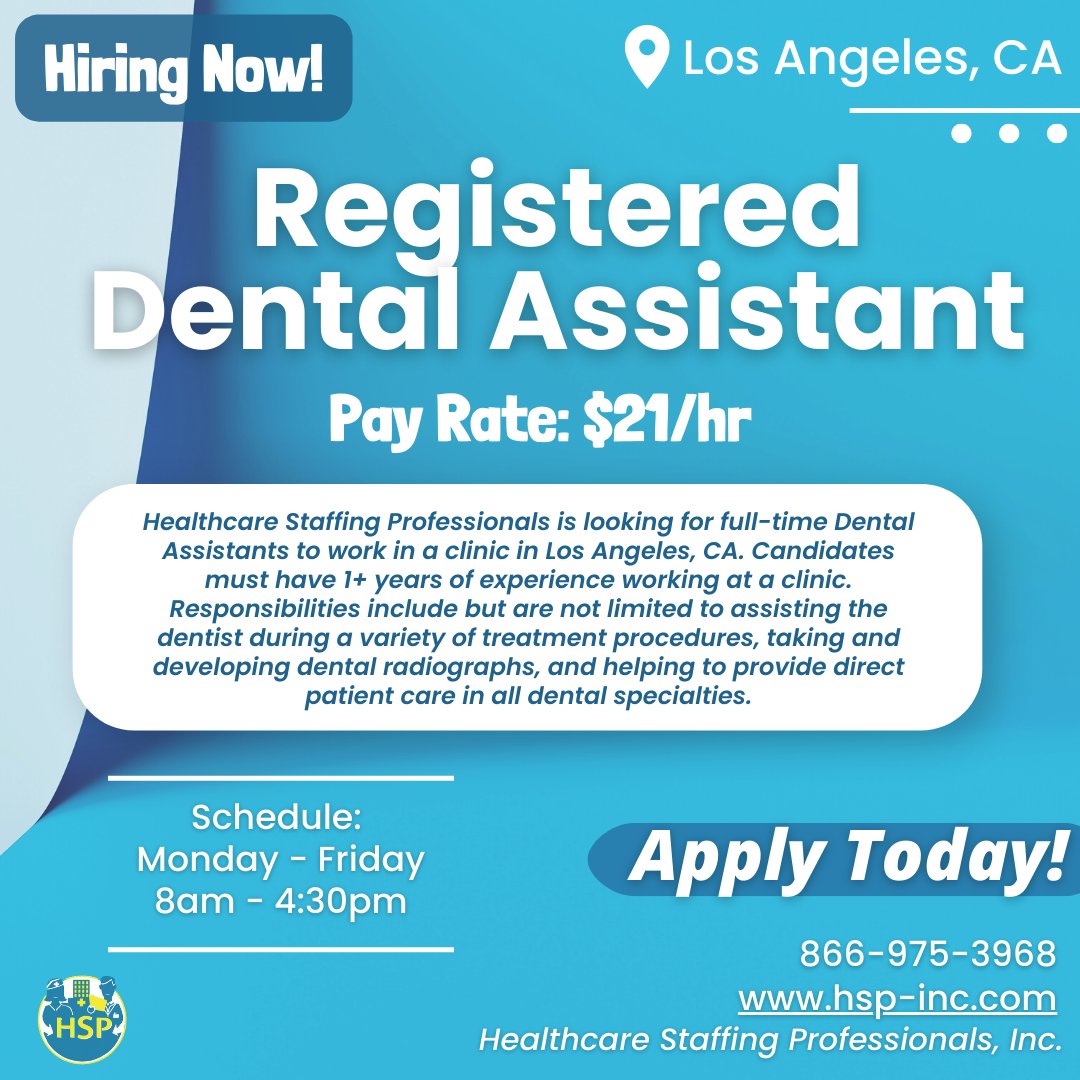 Calling all Registered Dental Assistants in LA! 🦷 If you're passionate about dental care and ready to make a positive impact, this opportunity is waiting for you. Apply now! 😁🦷 

#DentalAssistantJobs #LosAngelesOpportunity #DentalCare #JoinOurTeam #SmileBrighter