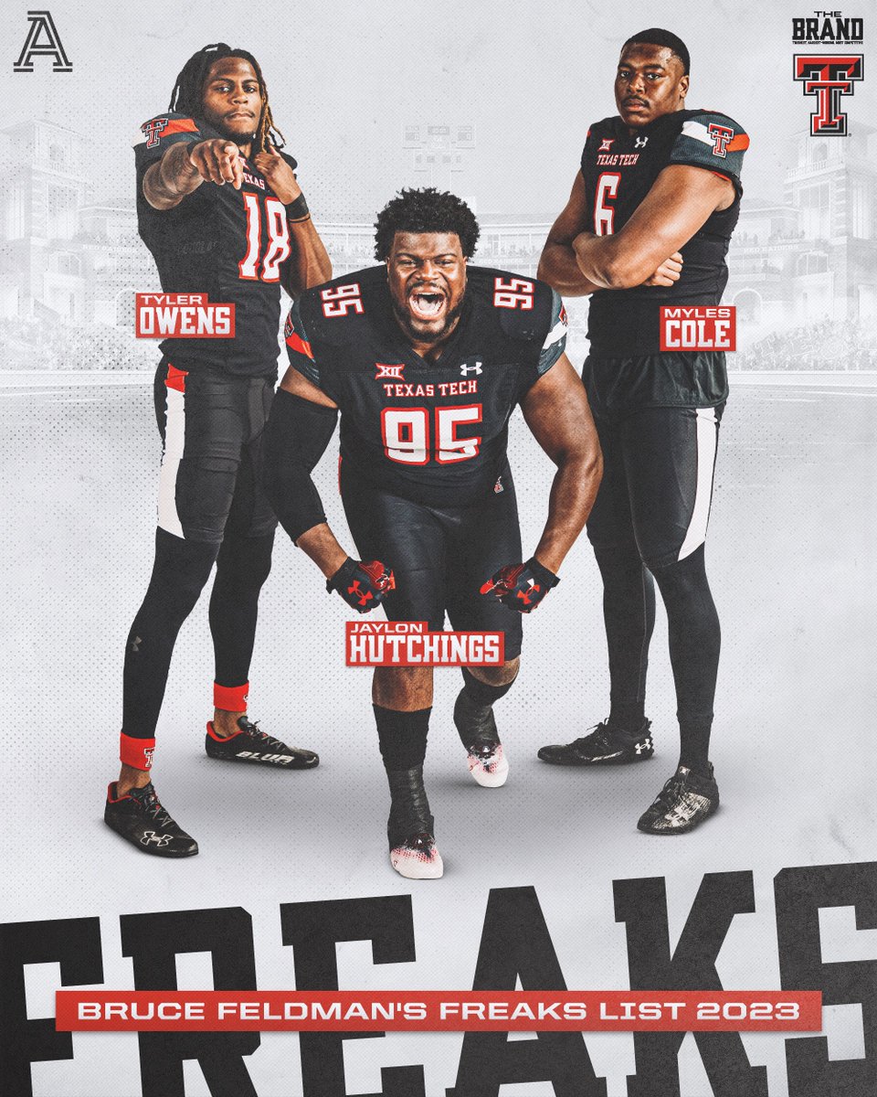 TexasTechFB's tweet photo. Freaks x3 👹

» @tylerkowens 
» @HutchingsJaylon 
» @mdoc55 

#WreckEm | @BruceFeldmanCFB https://t.co/4gQLxb6oBF