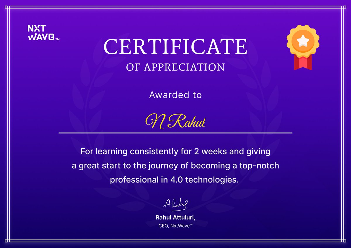 RahulCh313982's tweet image. Week-2 Completed!!
#NxtWaveccbp
#rahulattulurisir
#codetowinchallenge