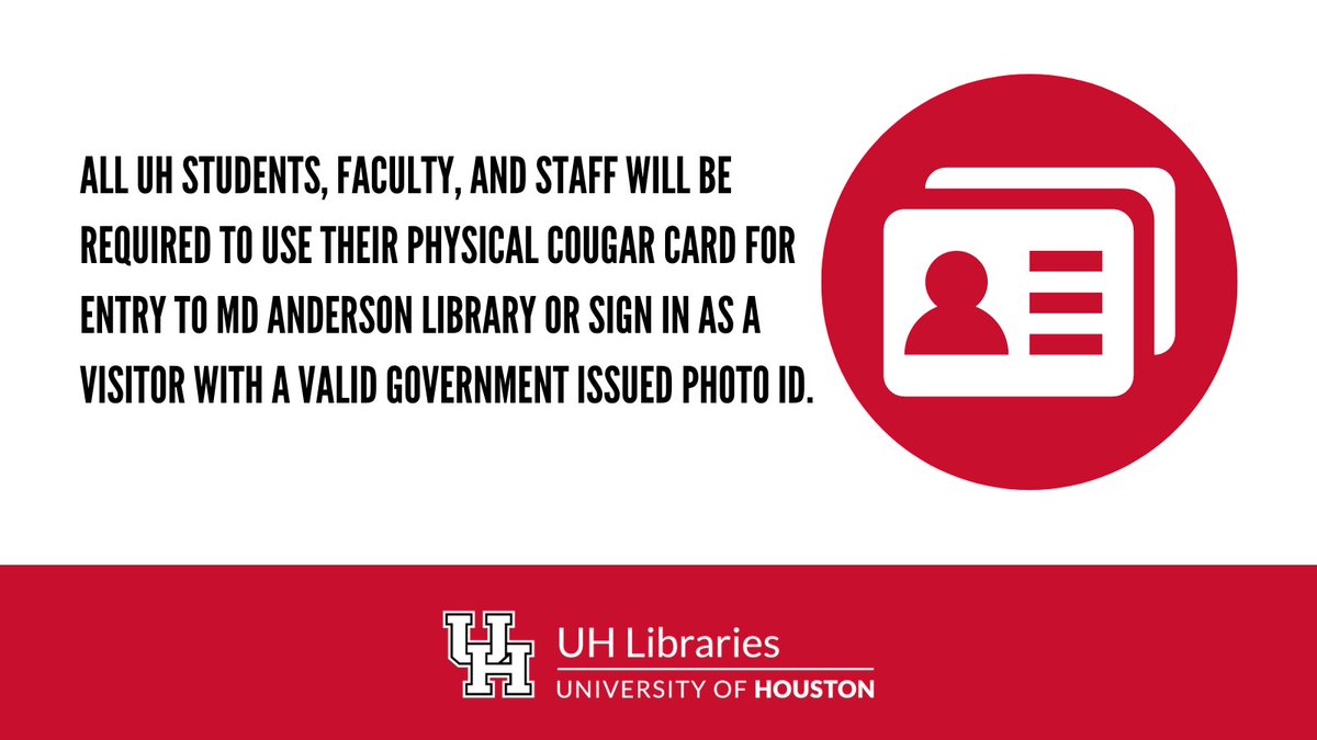 UHoustonLib's tweet photo. 📢Heads up, Coogs! Your *physical* Cougar Card is required for entry to MD Anderson Library. It's the quickest, easiest way in!

MD Anderson Library experiences high traffic during the first days of the semester...have your Cougar Card in hand as you approach the turnstiles. https://t.co/0VlLBD2S60