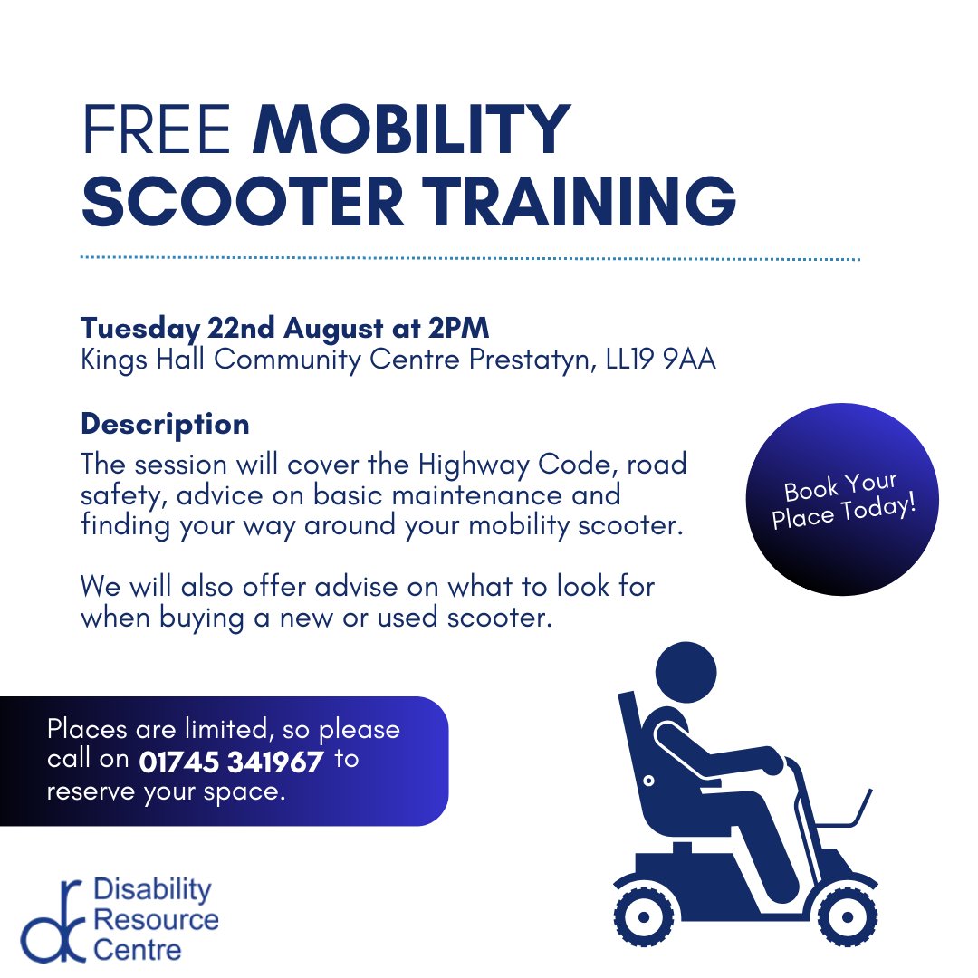 DisabilityCtr's tweet image. Our last Free #MobilityScooter Training of the year!

On 22nd August, we are holding training at Kings Hall Community Centre Prestatyn, LL19 9AA, starting at 2PM.

Learn how to use your mobility scooter safely and confidently!

To book your place, call 01745 341967.