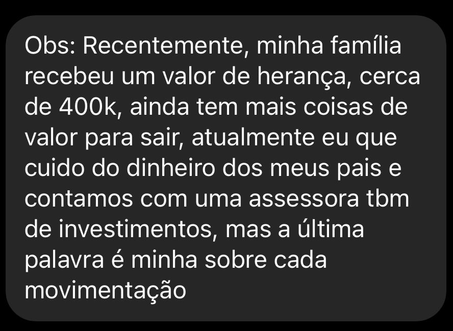 Estudante de SI que recebeu herança de 400 mil no #Zflix

 19 anos.

Salário de SI pleno: 2.5k
Patrimônio: 9.33333333333k

Família recebeu 400k de herança.

Onde vc investiria?